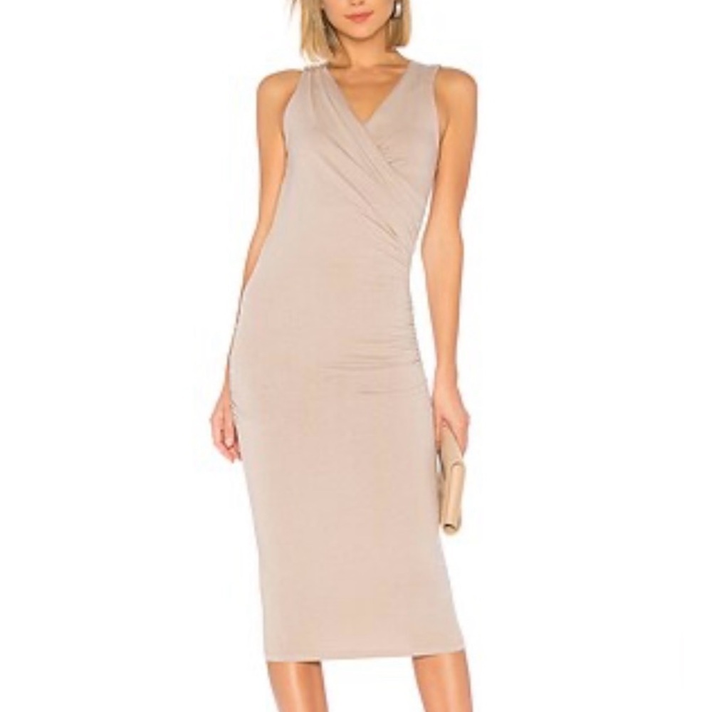 Michael Stars Faux Wrap Tank Midi Dress | Fawn | Ruched Bodycon Dress | NWOT